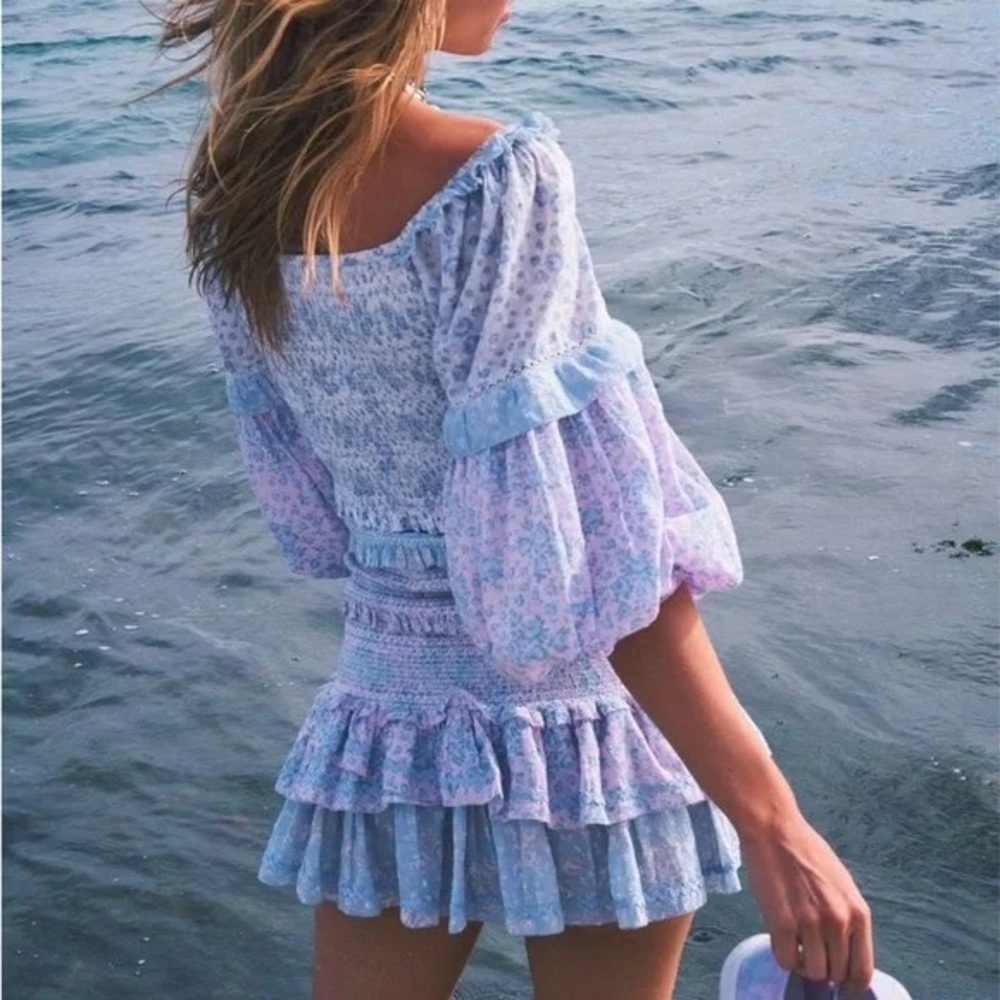 NWT LoveShackFancy Ensley Ballon Sleeves Tiered Mini Dress Blue Pink Floral L